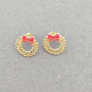 Vintage Gold Tone Christmas Wreath Stud Earrings Red Bow Accent Holiday Party